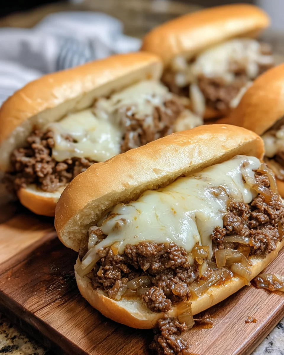 Slow Cooker Ground Beef French Dip Sandwiches