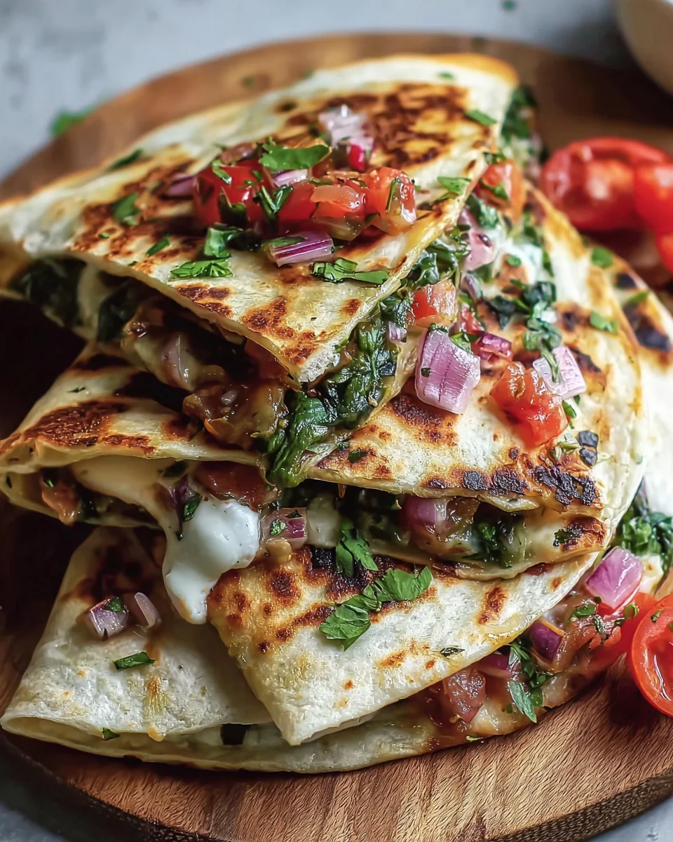 Mediterranean Quesadillas with Spinach, Feta, Mozzarella, and Red Onion
