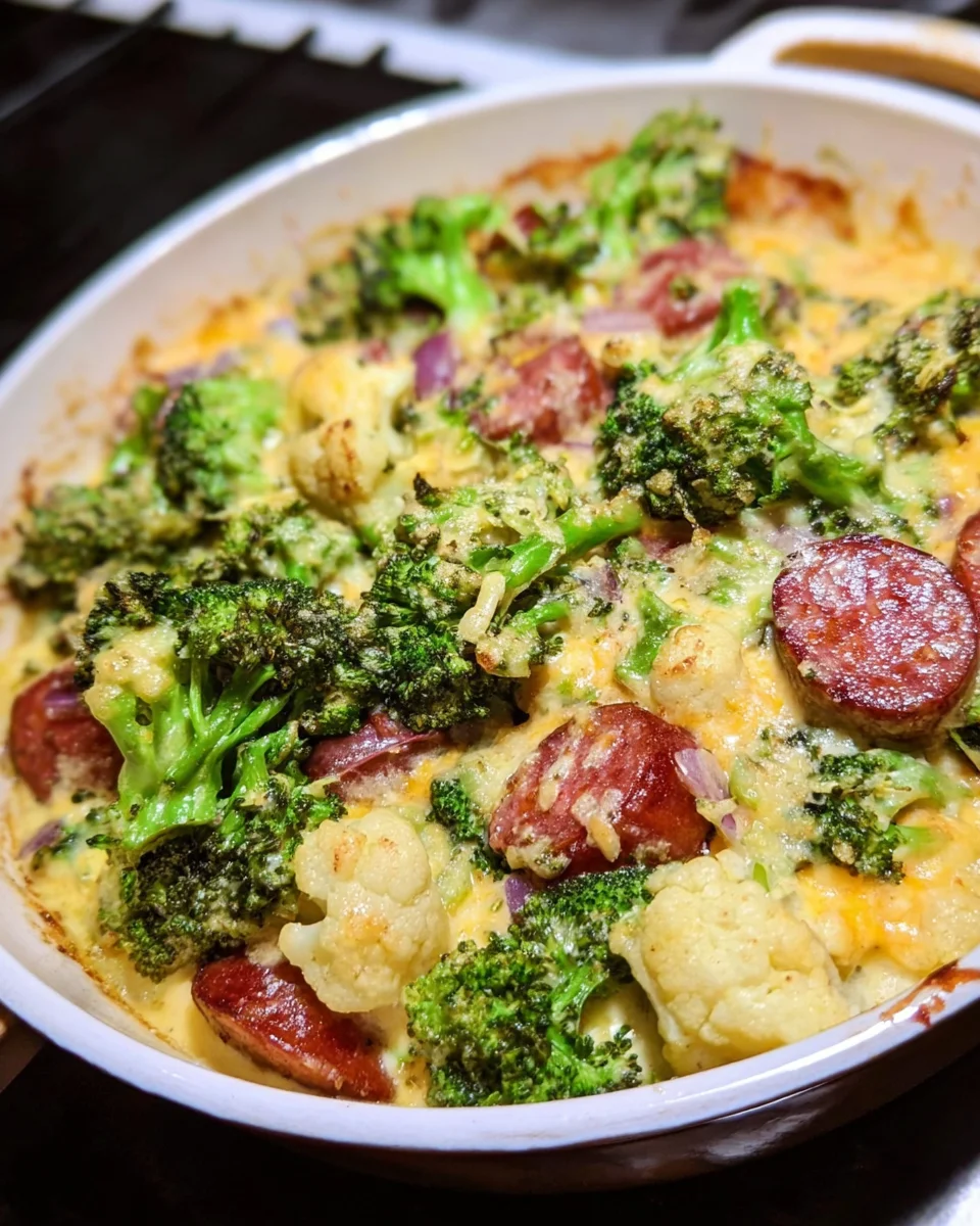 Keto Broccoli and Cauliflower Au Gratin with Sausage