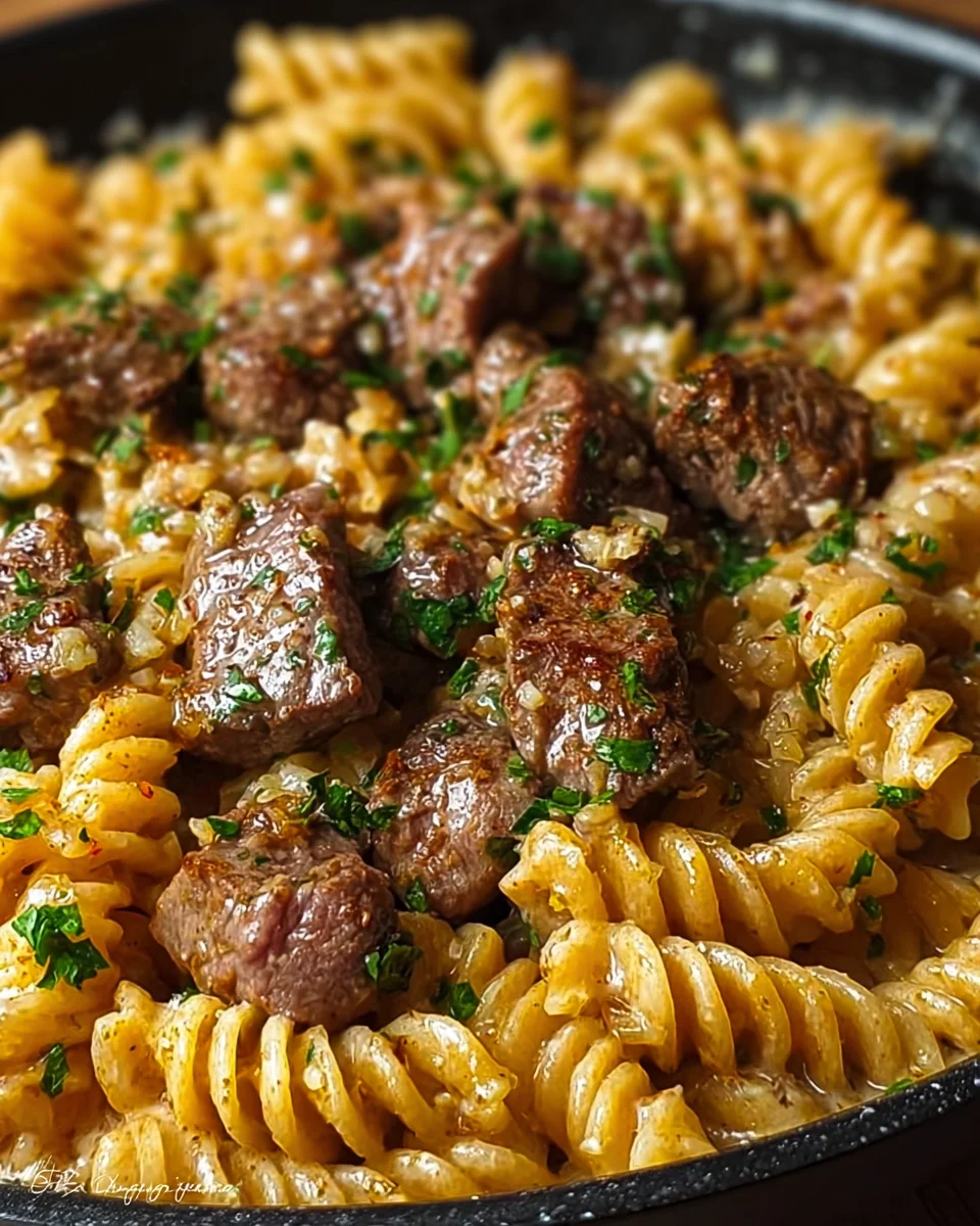 One-Pot Creamy Spicy Garlic Butter Steak & Pasta