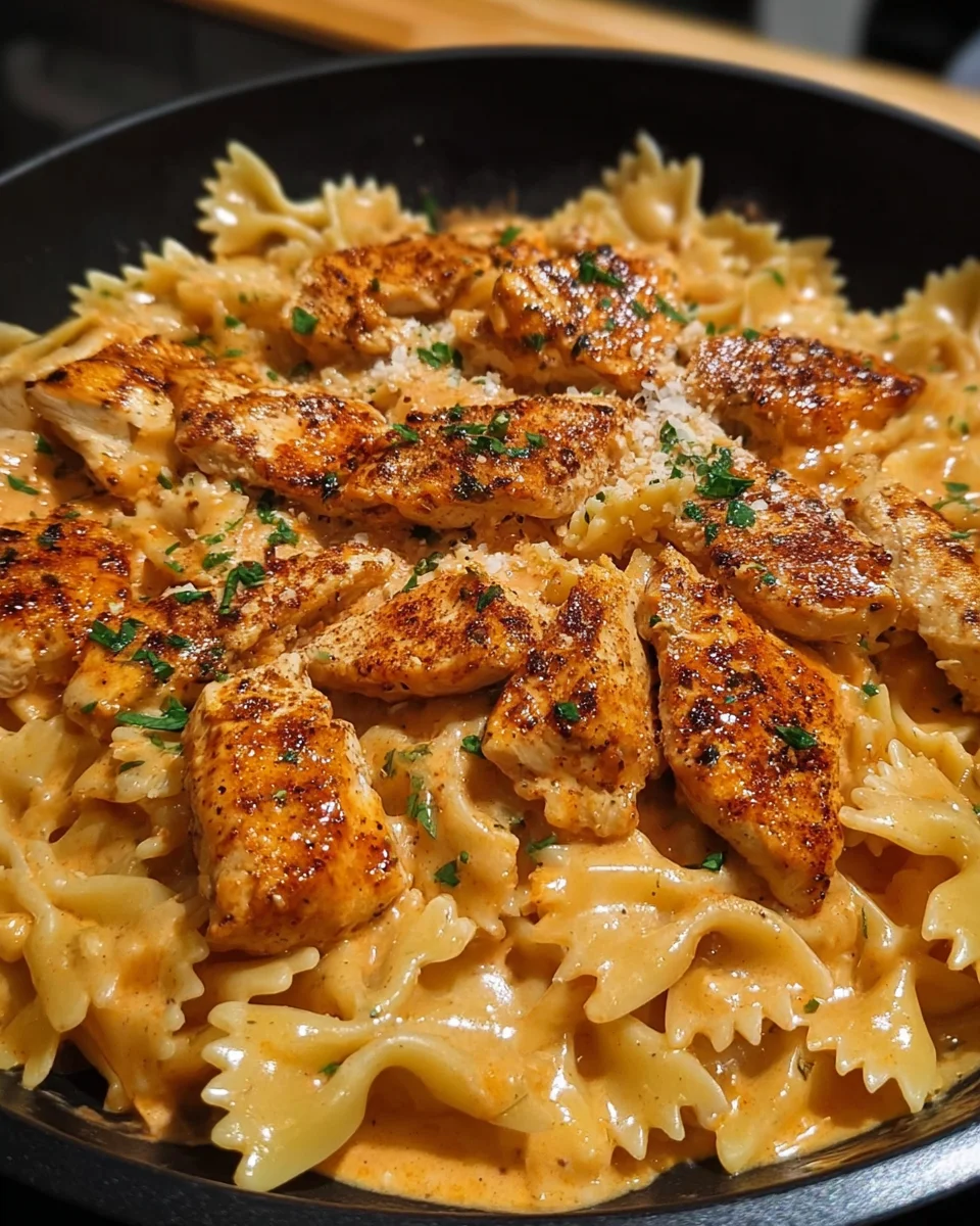 One Skillet Creamy Cajun Buffalo Chicken and Bowtie Pasta