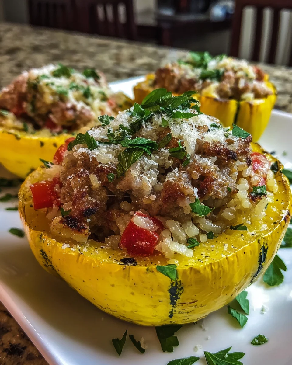 Stuffed Patty Pan Squash with Sausage and Rice