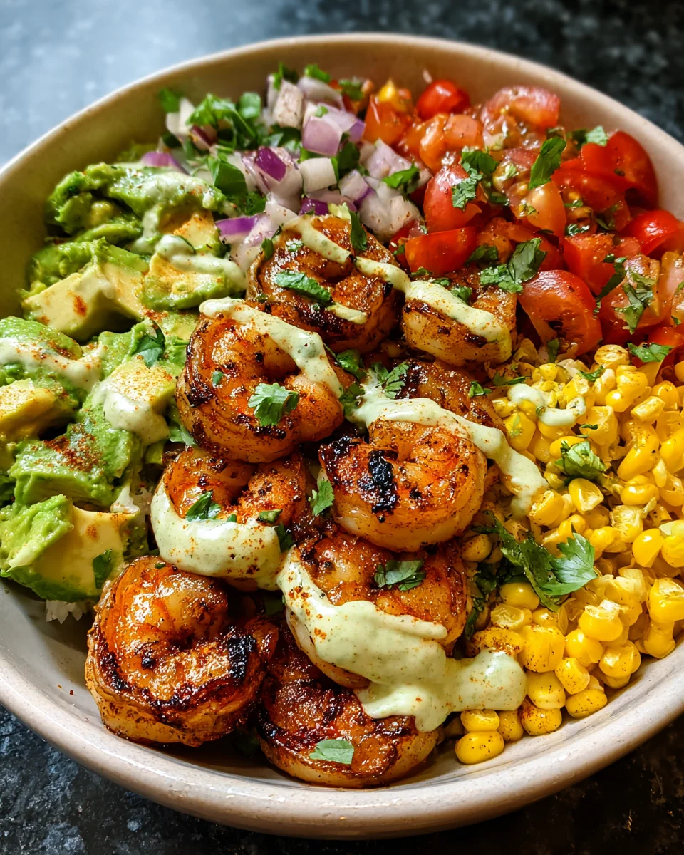 Grilled Shrimp Bowl With Avocado, Corn Salsa, & Sauce