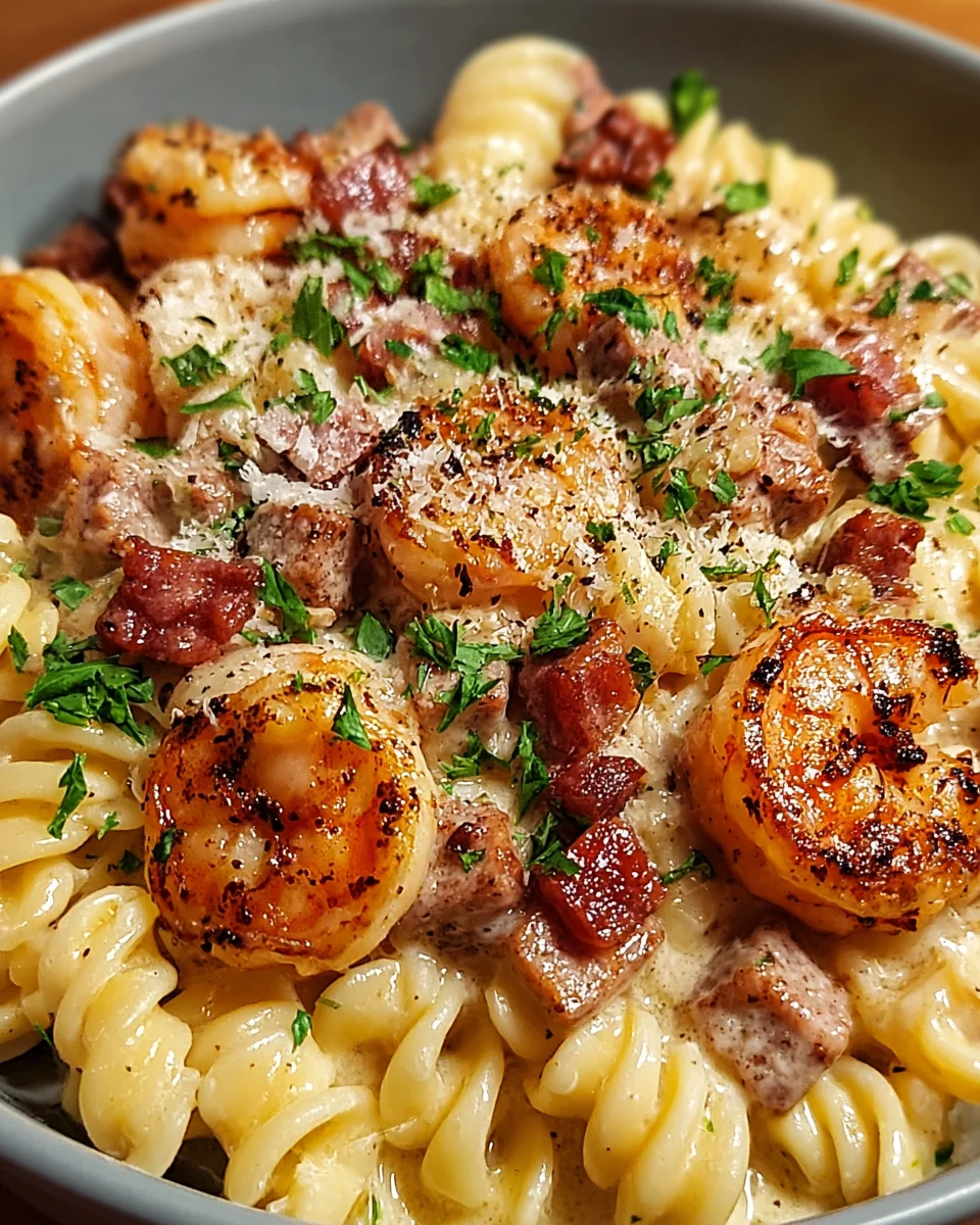Cheesy Shrimp Sausage Bacon Pasta