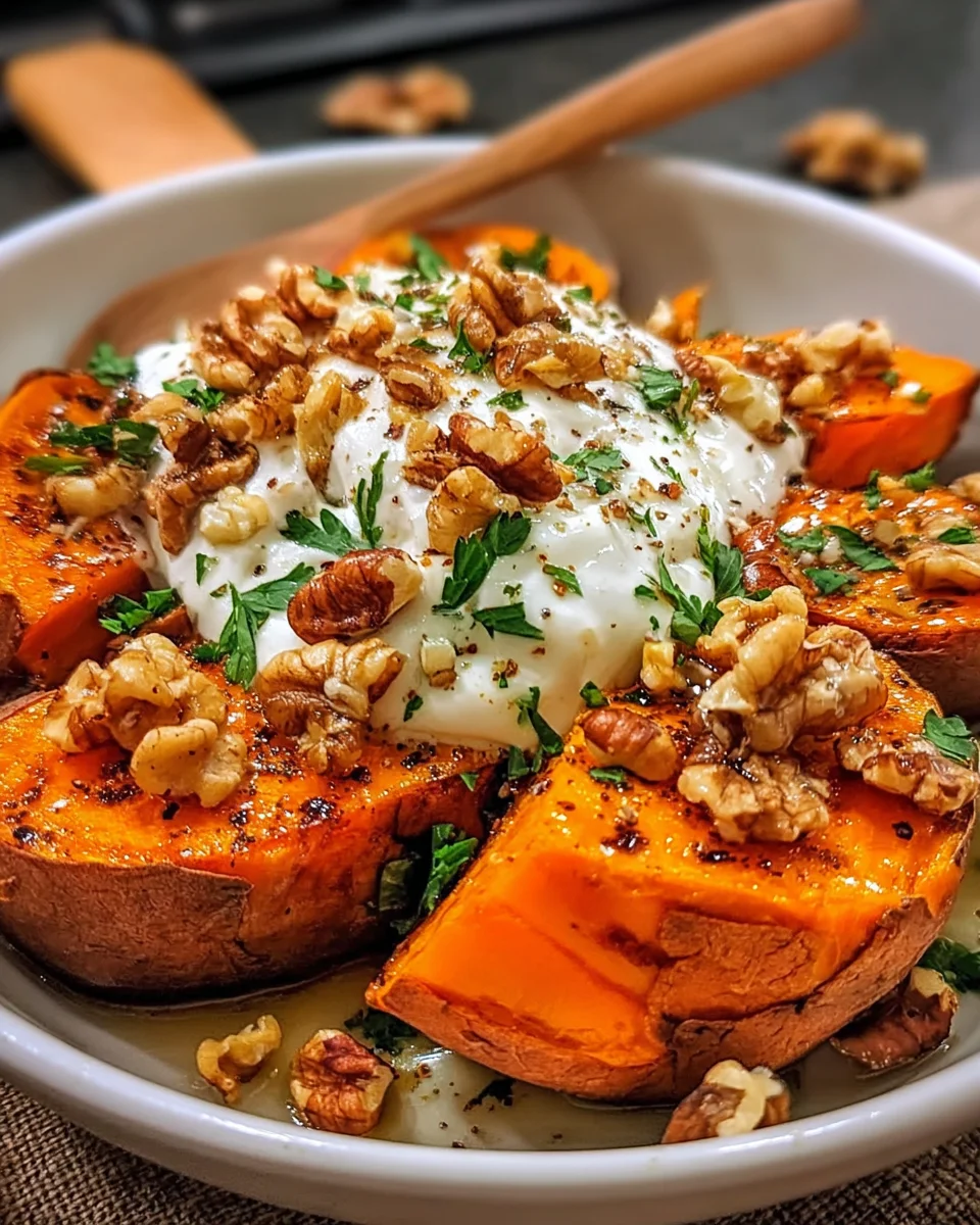 Maple Dijon Roasted Sweet Potatoes with Burrata