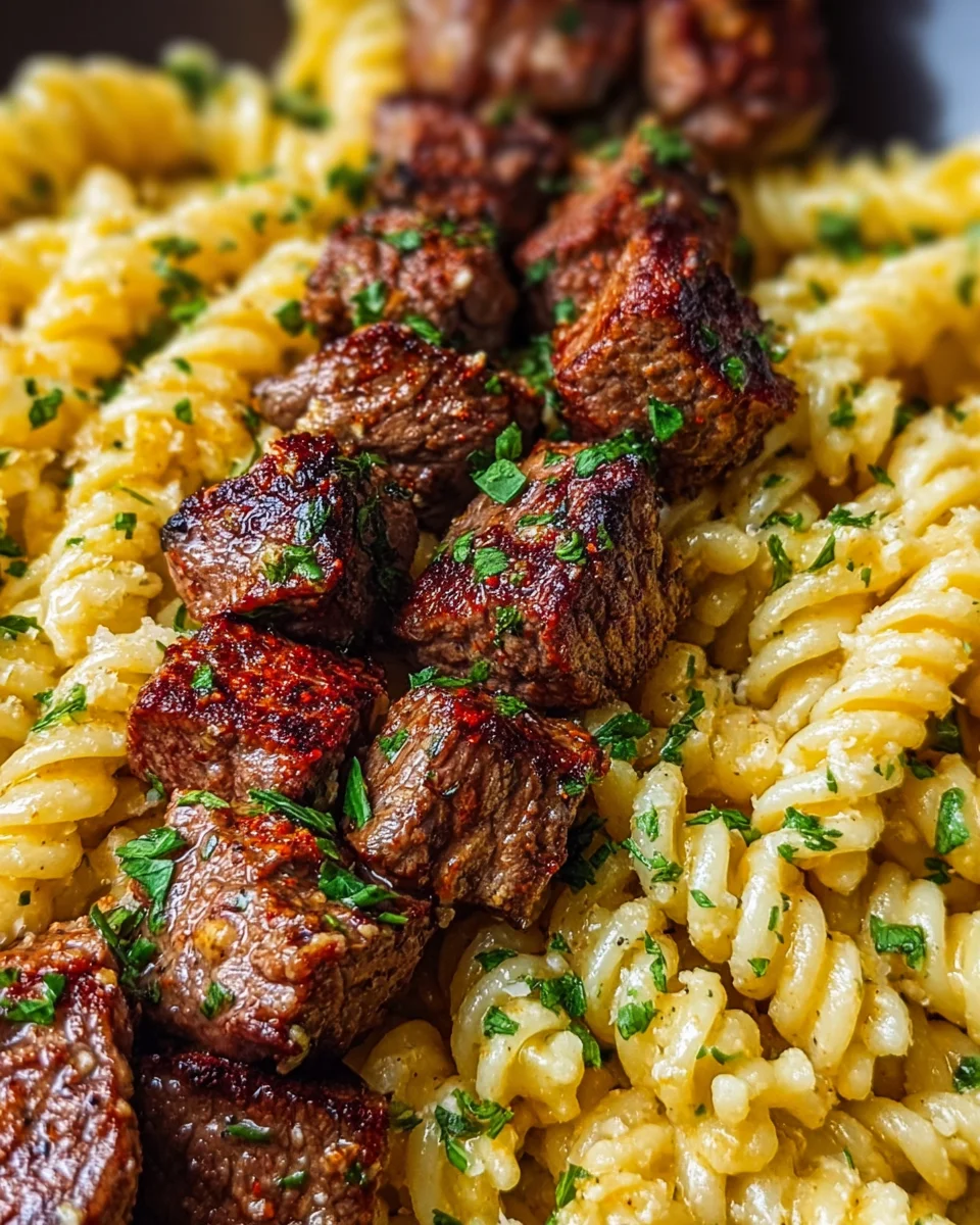 Steak Bites and Cheesy Rotini in Garlic Parmesan Sauce