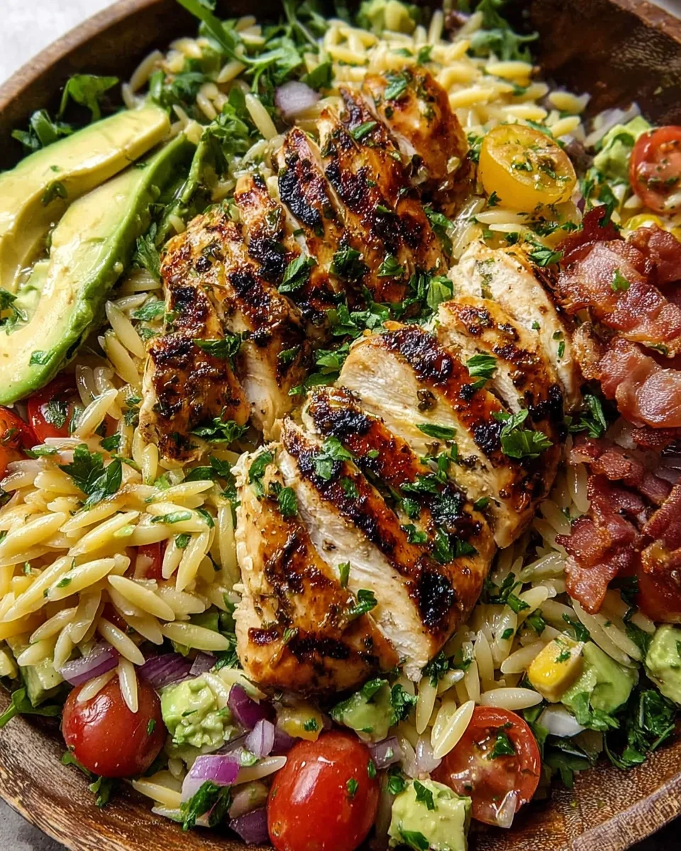 Grilled Lemon Herb Chicken Avocado Orzo Salad