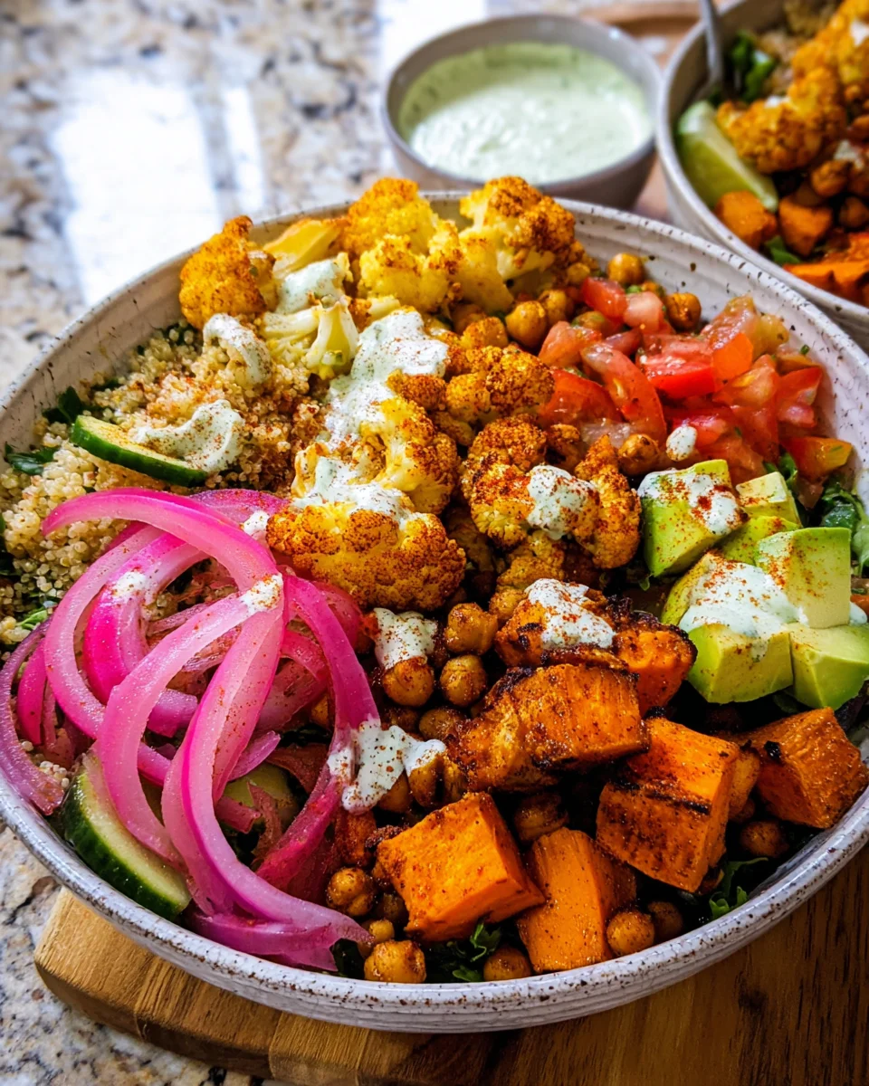 Roasted Cauliflower, Sweet Potato, Chickpea Bowl
