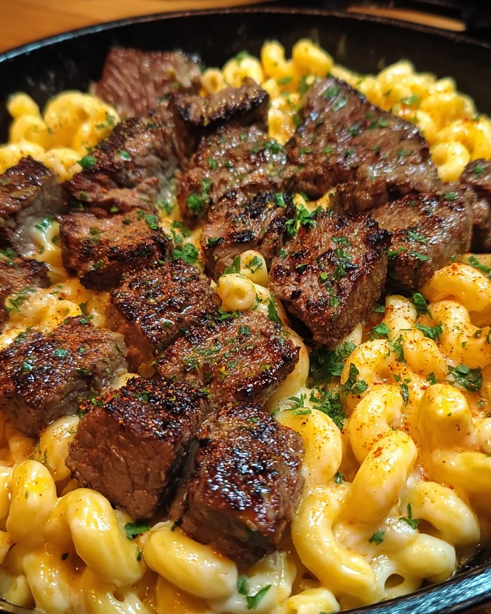 Garlic Butter Steak Mac Cheese