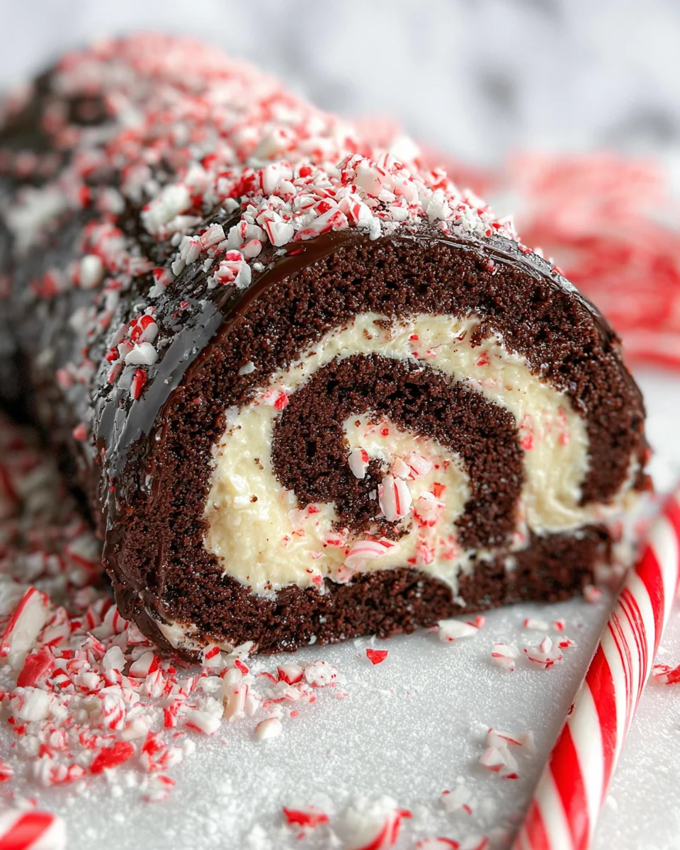 Chocolate peppermint bark roll cake