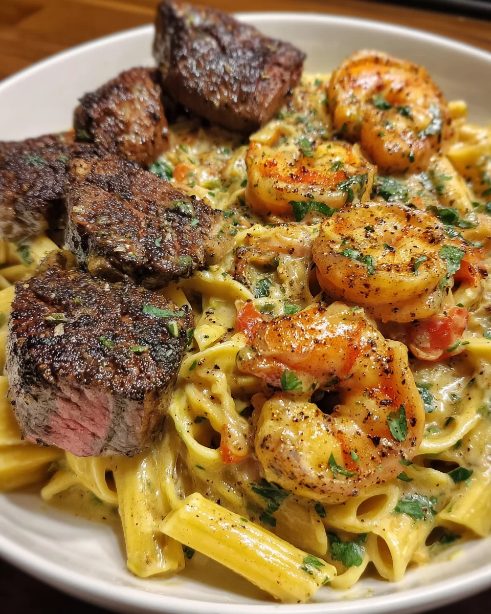 Blackened Steak Shrimp Alfredo