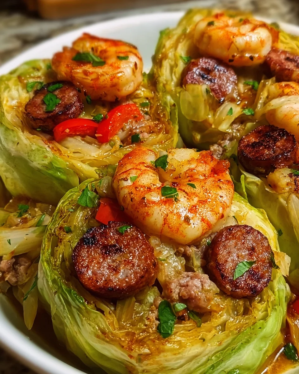 Keto Cajun Shrimp &amp; Sausage Stuffed Cabbage