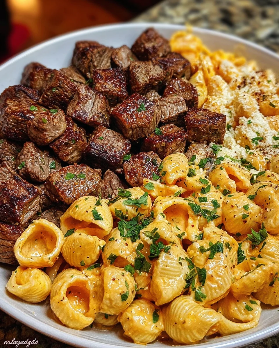 Cajun Steak Bites and Cheesy Garlic Shells Skillet