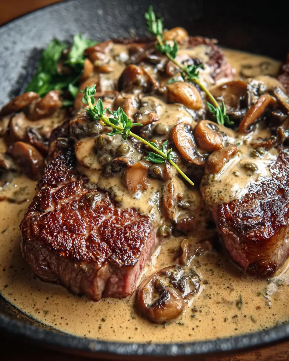 Ribeye Steaks with Creamy Mushroom Peppercorn Sauce