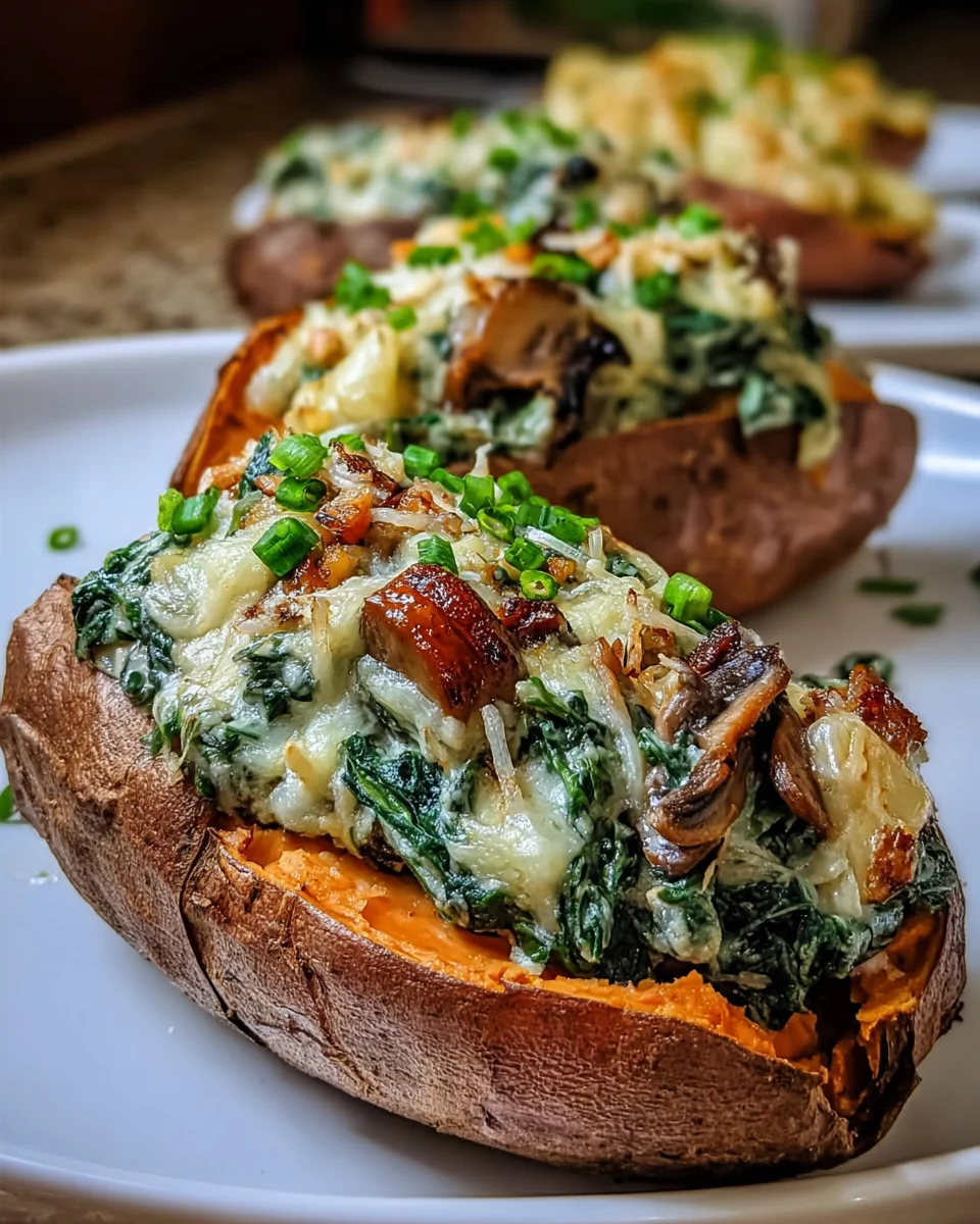 Creamy Mushroom Spinach Stuffed Sweet Potatoes